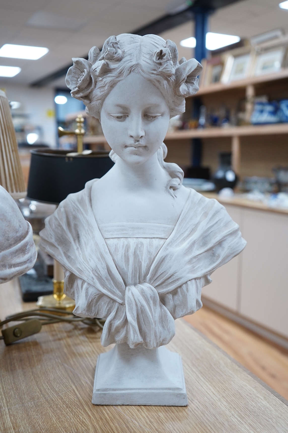 Two signed plaster busts, one after Gustave van Vaerenberg (1873 - 1927), the other after Rene Maquet (19th century), tallest 52cm